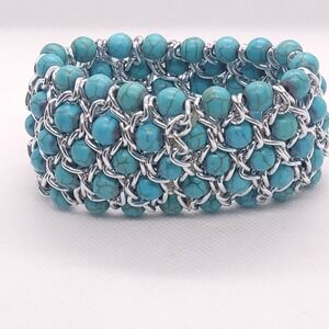Turquoise Color Bead Silver Tone Chain Stretch Bracelet Wide Statement Cuff Boho